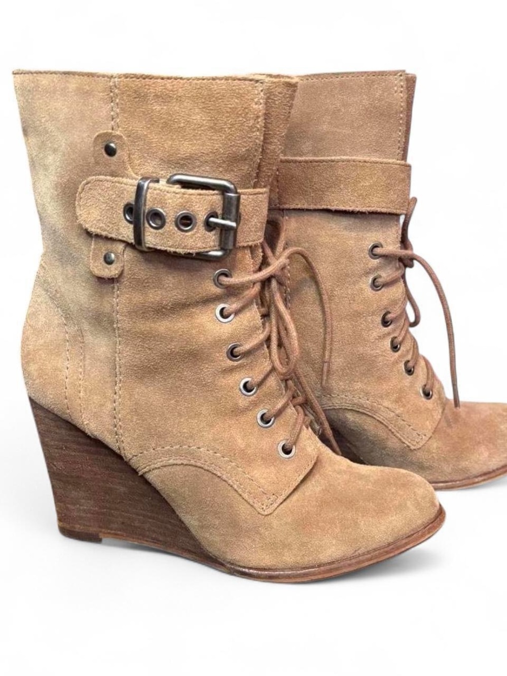 Suede Lace-Up Wedge Ankle Boots